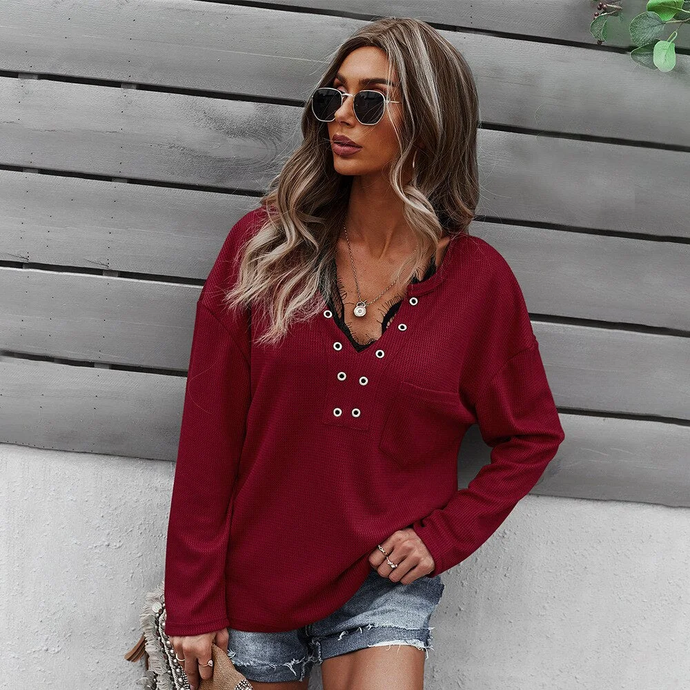 Knit T-Shirts Shirt Autumn 2021 Tops Women Long Sleeves Harajuku Hoodie Top Solid Color Blouses V-neck Female Clothing Tees