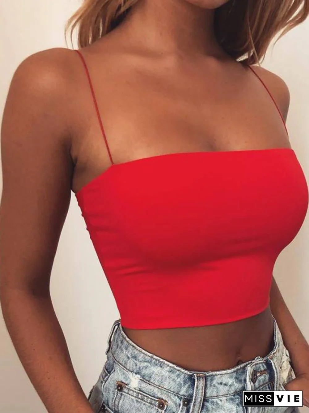 New Fashion Women Spaghetti Strap Crop Top Sexy Bodycon Sleeveless Cami Tube Top Basic Plain Camisole