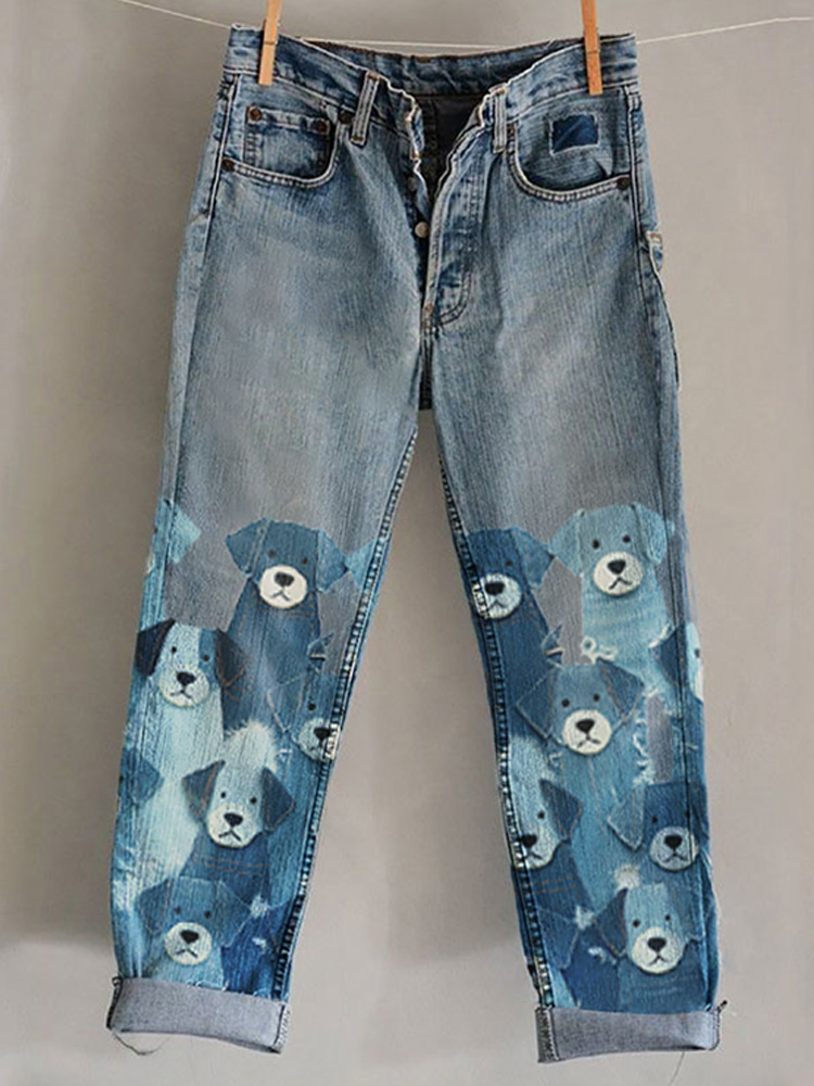 Funny Animal Embroidered Print Jeans elevenforest