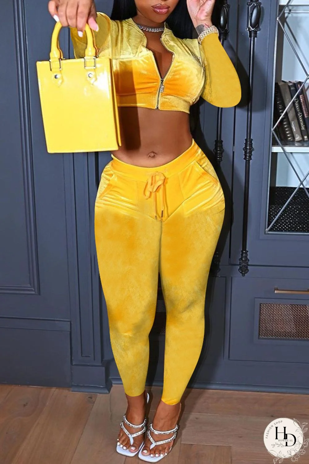 Pink Fashion Casual Solid Cardigan Pants Zipper Collar Long Sleeve Two Pieces