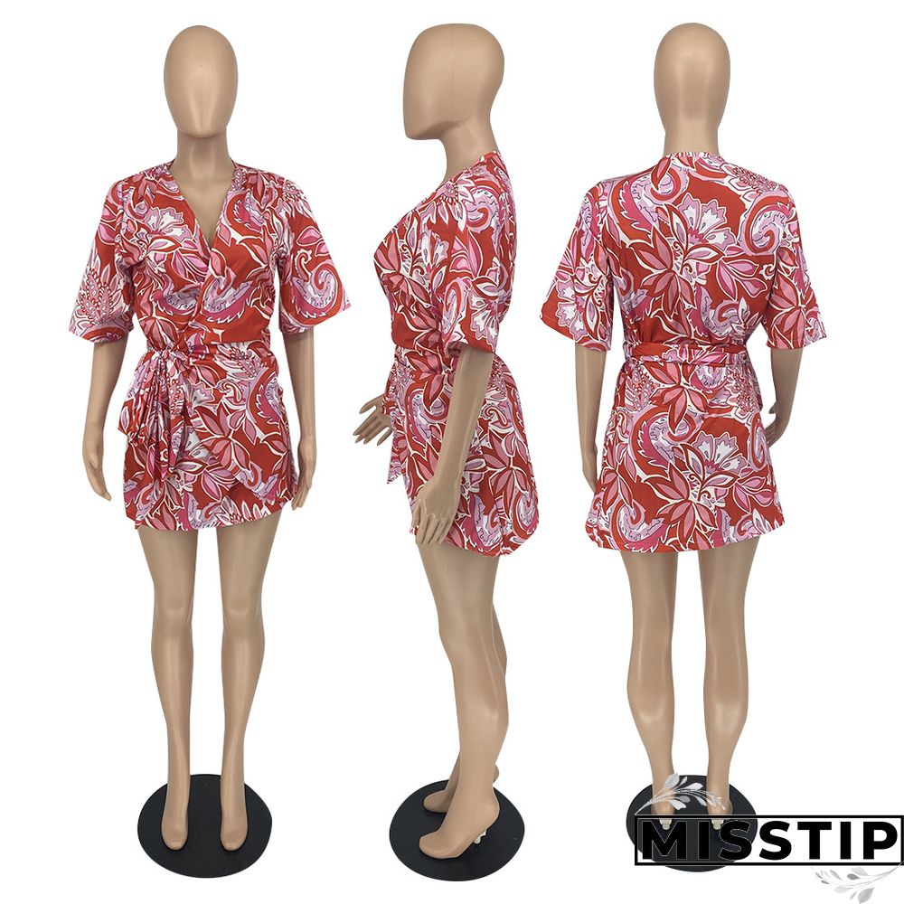 Summer Sexy Women Print Floral Short Sleeve Neck Lace Shirt Line Beach Party Mini Dress ##