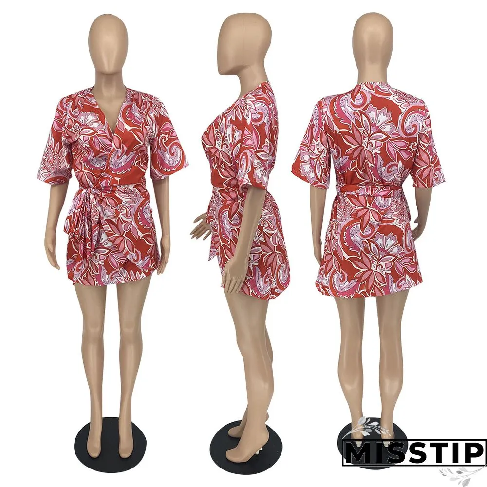 Summer Sexy Women Print Floral Short Sleeve Neck Lace Shirt Line Beach Party Mini Dress ##