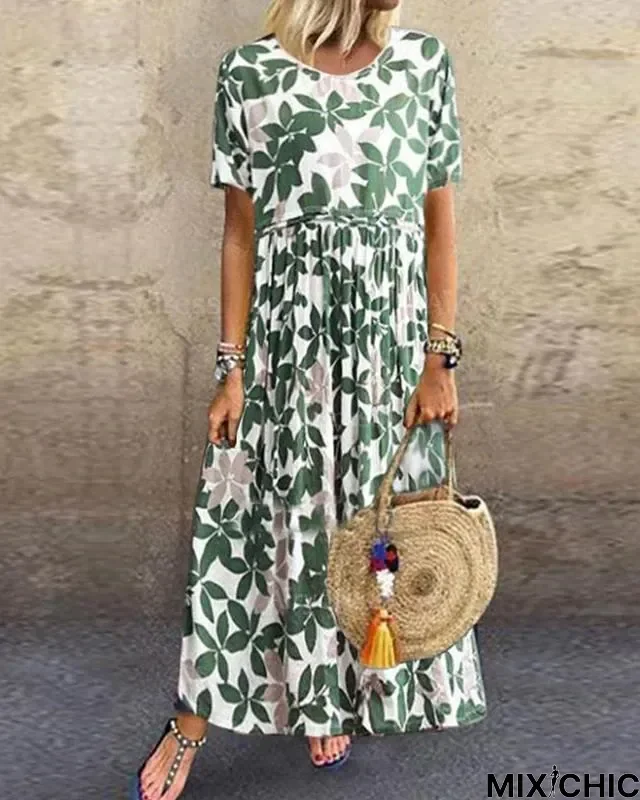 Women's Swing Dress Maxi Long Dress Short Sleeve Floral Leaf Print Summer Hot Casual Mumu Green