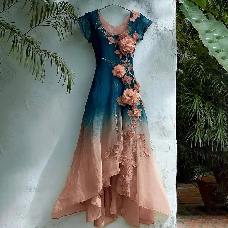 Women's Floral Embroidered Color-blocked Linen Dress