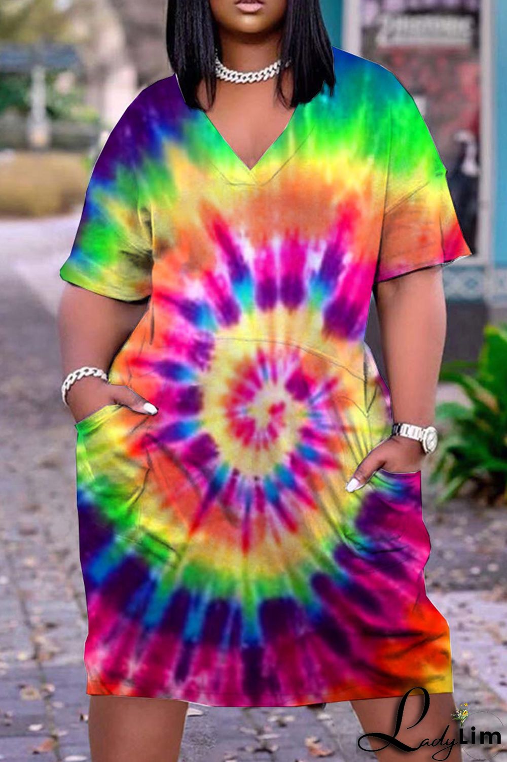 Blue Red Fashion Casual Print Tie-dye V Neck Short Sleeve Dress
