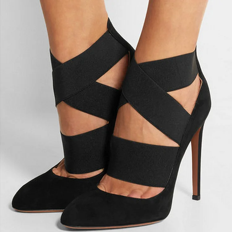 Black Vegan Suede Shoes Cross over Strap Stiletto Heel Pumps for Women |FSJ Shoes