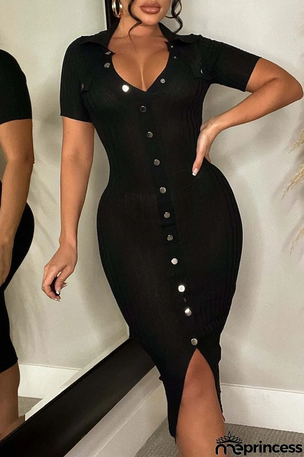 Khaki Casual Solid Patchwork Turndown Collar Short Sleeve Dress