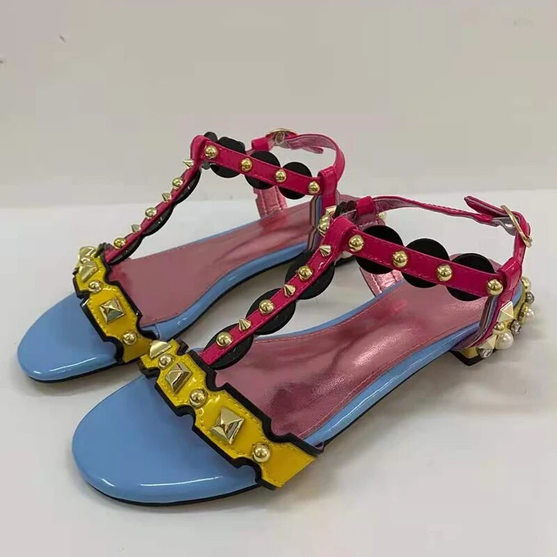 Blue Studded Gladiator Sandals Women Open Toe Rivet Rhinestone T-strap Flat Shoes Woman Wedding Shoes