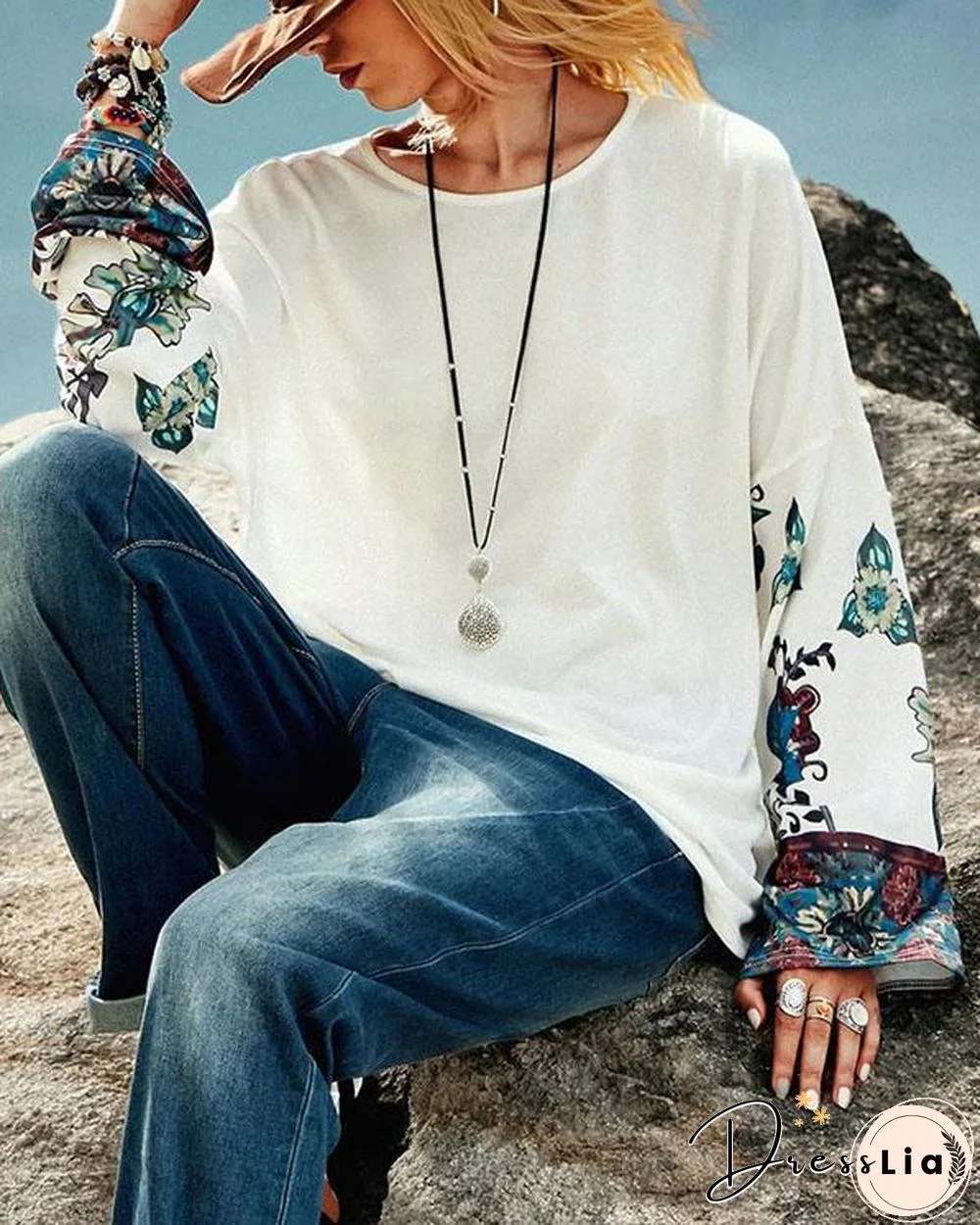 Print Crew Neck Shift Women Long Sleeve T-shirt