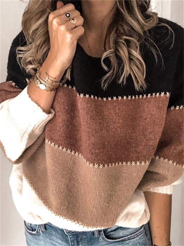 Casual Fall and Winter New Long-sleeved Striped Sweater Round Neck Knit Pullover Temperament Commuter Tops