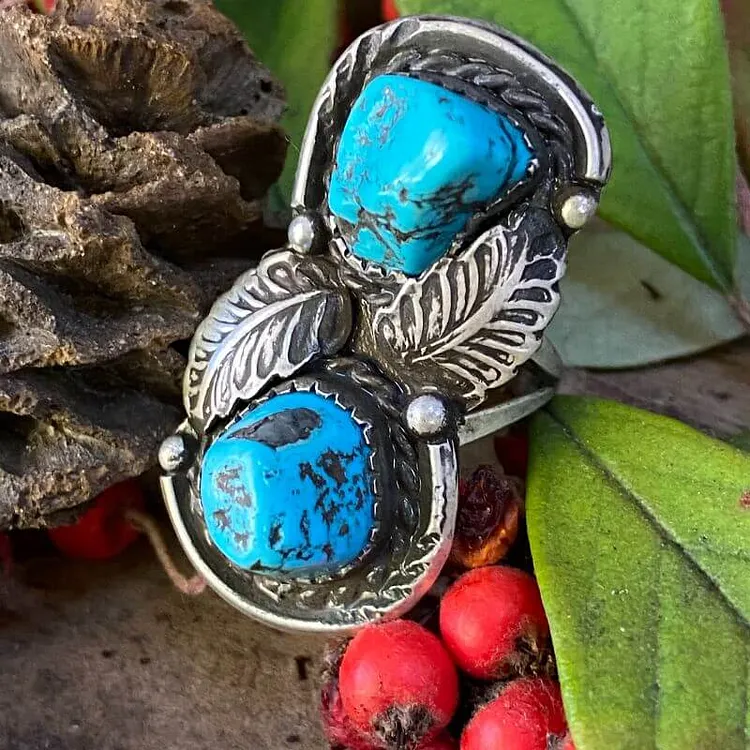 Twin Peaks Turquoise Navajo Ring in Sterling Silver Size 5.5