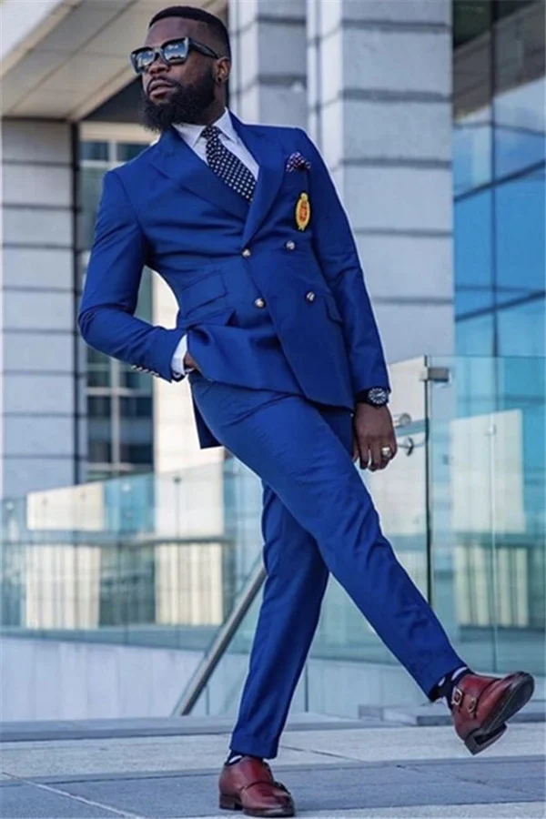 Royal Blue Newest Peaked Lapel Reception Suit For Groom With Double Breasted