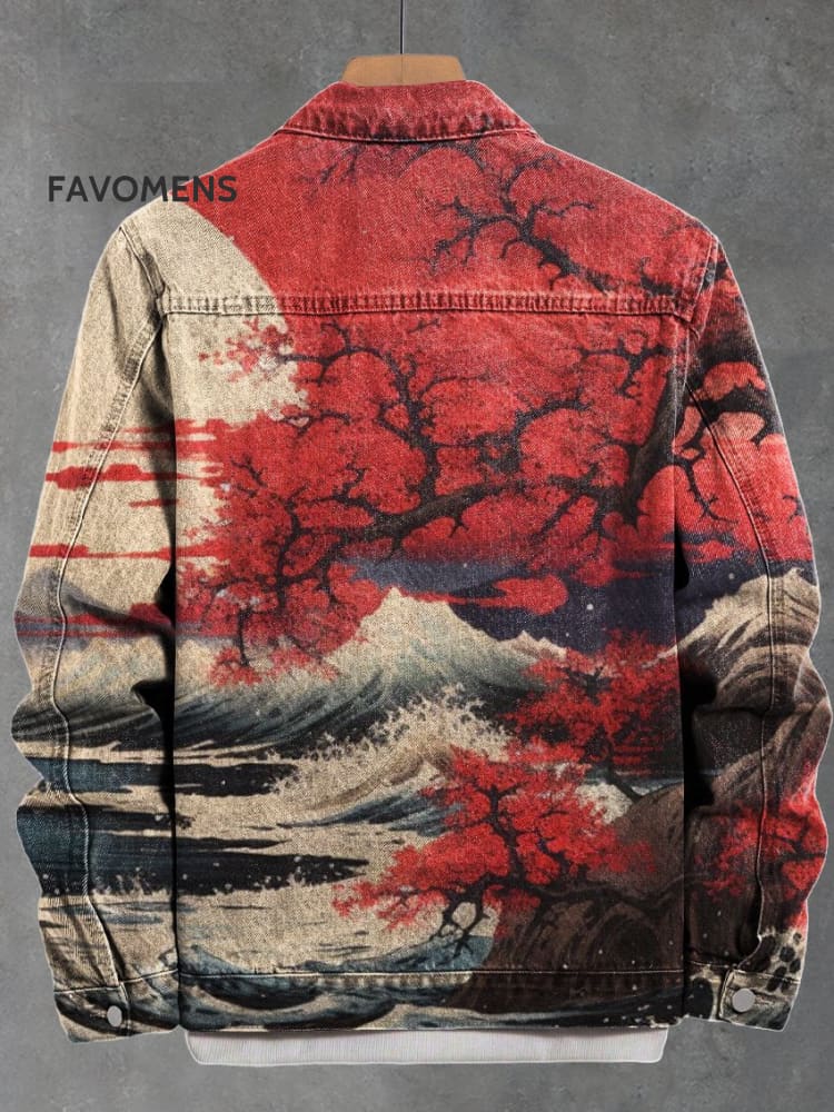 Vintage Japanese Art Wave And Moon Tree Pattern Print Casual Denim Jacket Multicolor / S