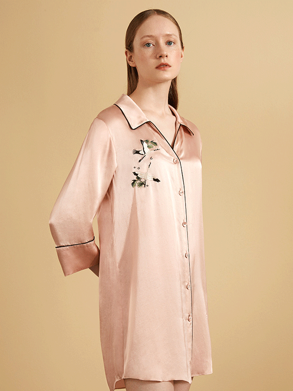 High Quality Oriental Printed Sleep Shirt Silk Nightgown-Luxury Silk Life