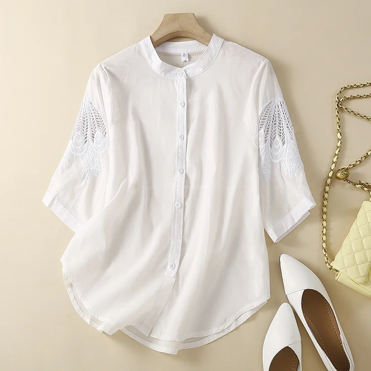 Women's Blouse Embroidered Hollow Out Sleeve Stand Collar Loose Cotton Blouse Top