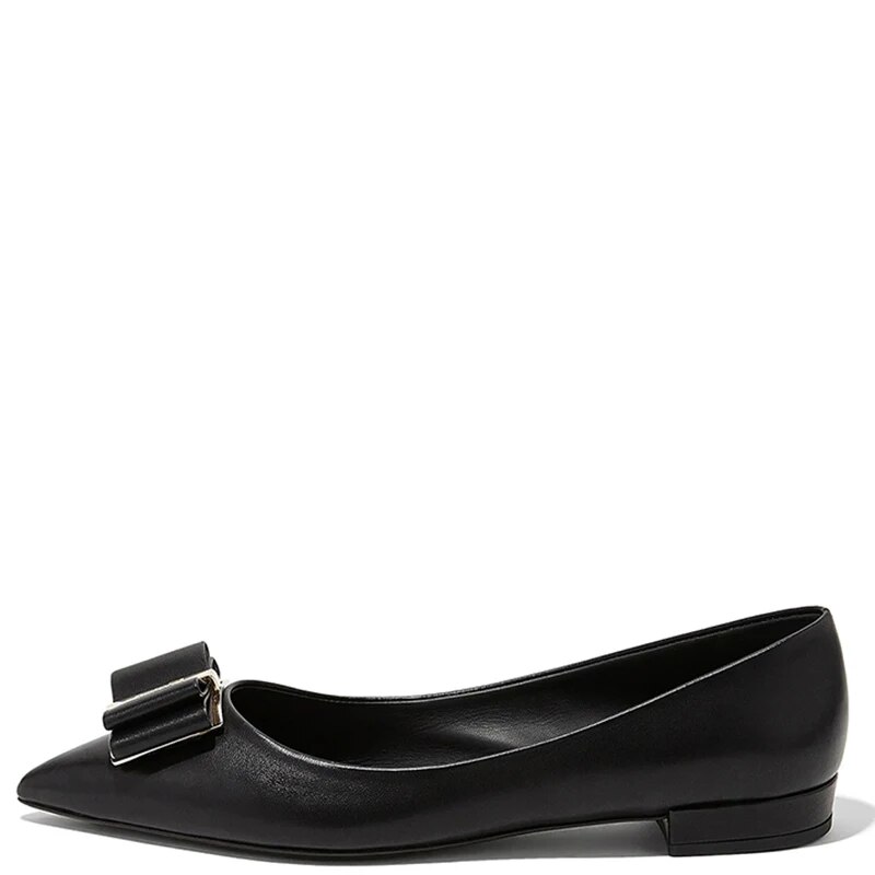 TAAFO Dark Pink Leather Basic Women's Flats Butterfly-Knot Low Square Heels Pointed Toe Lady Office 