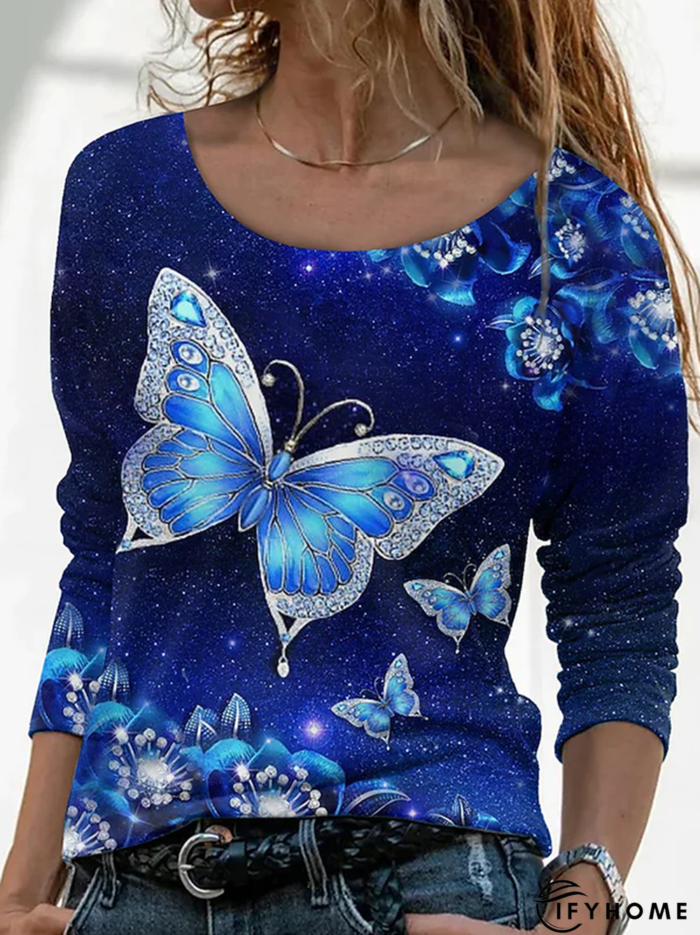 Long Sleeve Casual Crew Neck Butterfly T-shirt | IFYHOME