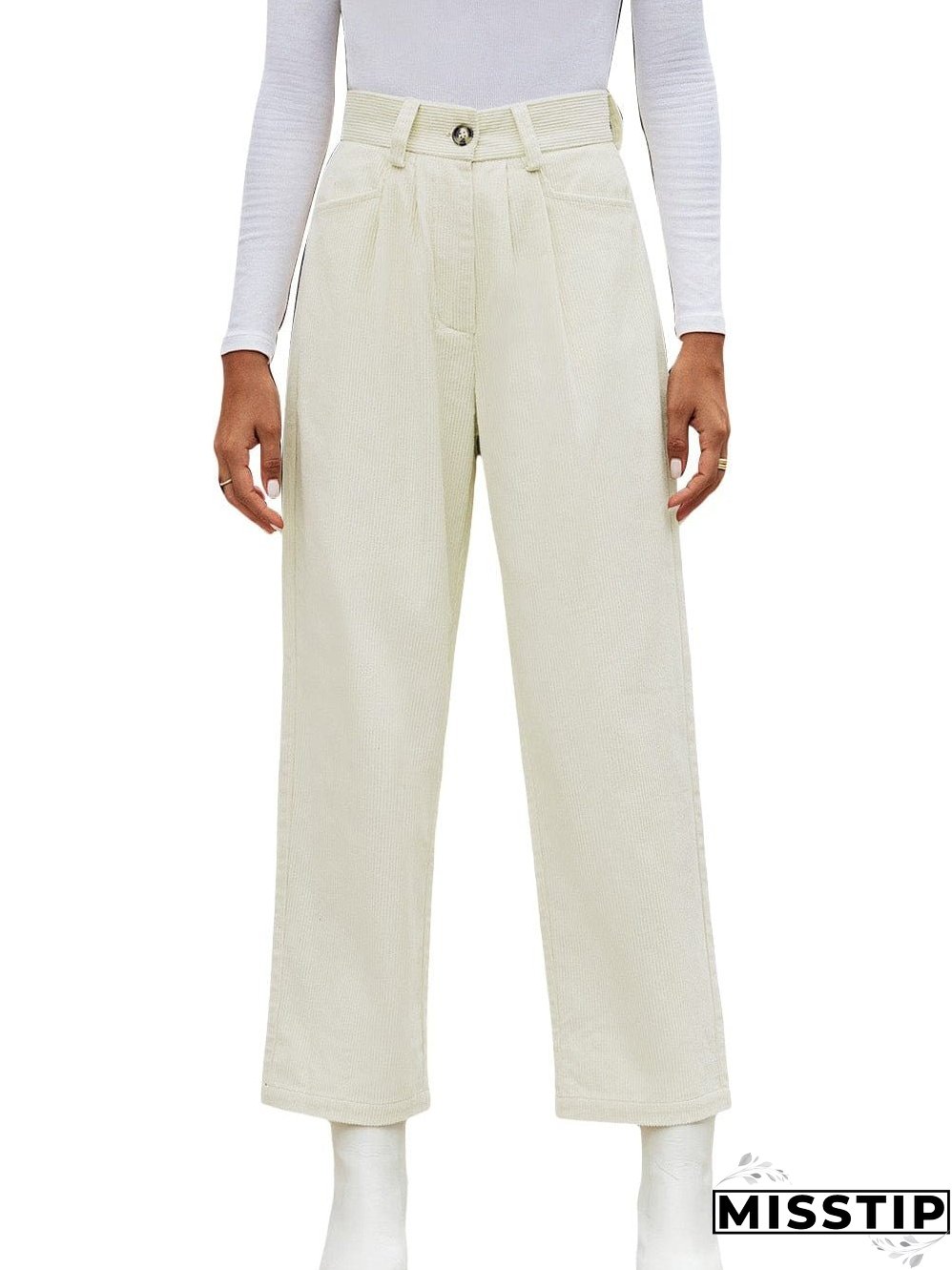 Beige Corduroy High Waist Trousers for Winter Casual Wear