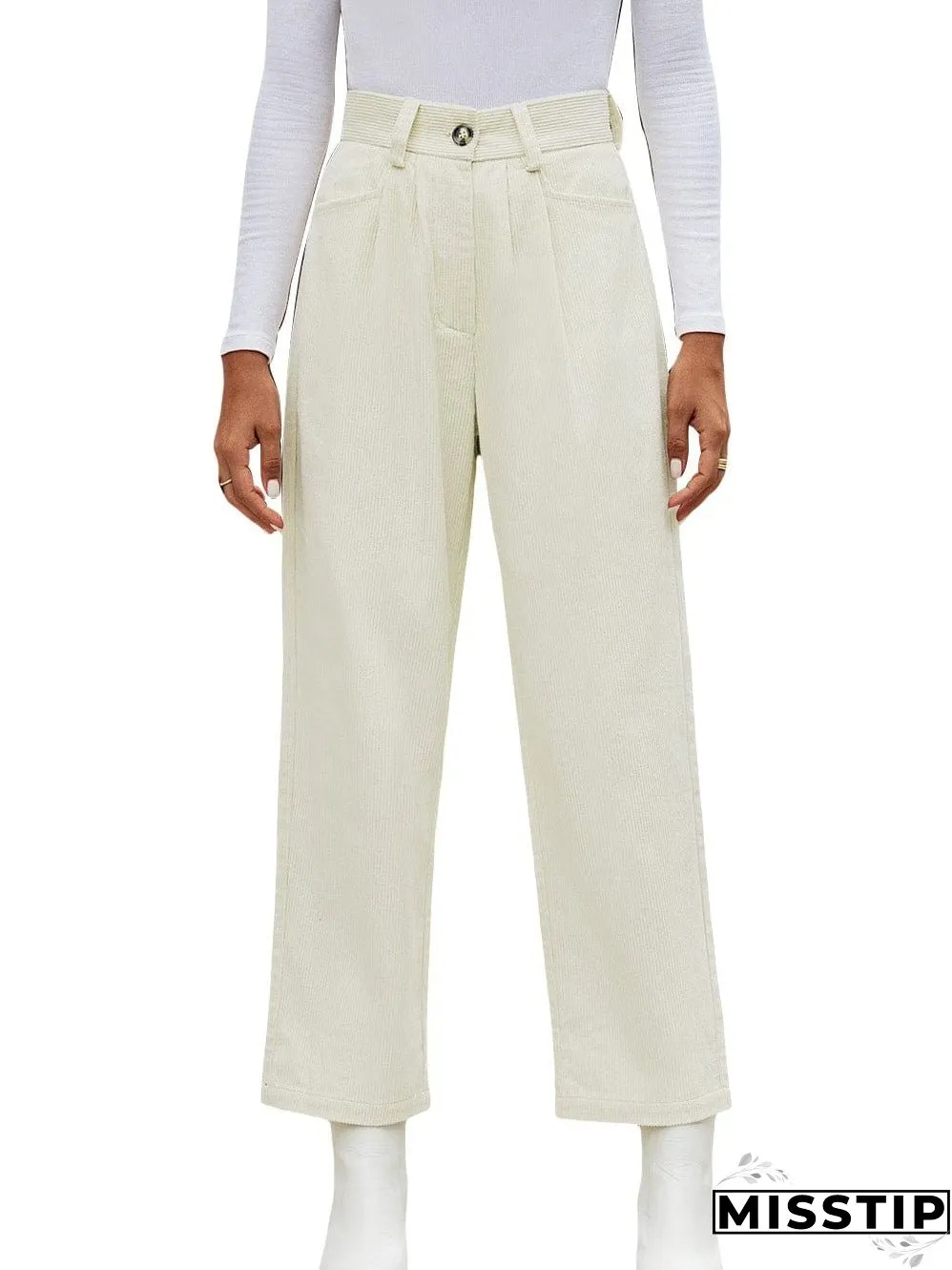 Beige Corduroy High Waist Trousers for Winter Casual Wear