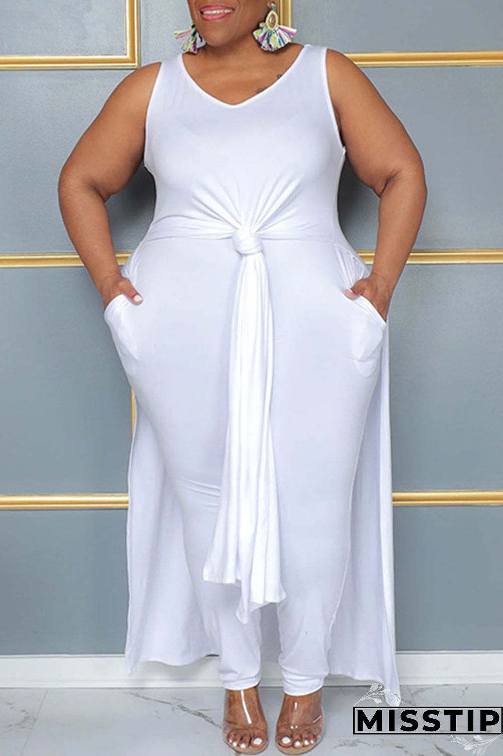 Blue Casual Solid Patchwork Slit V Neck Plus Size Two Pieces