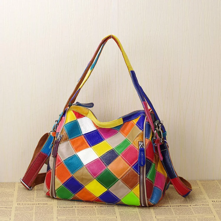 Women Multicolor Colorblock Plaid Leather Shoulder Bag