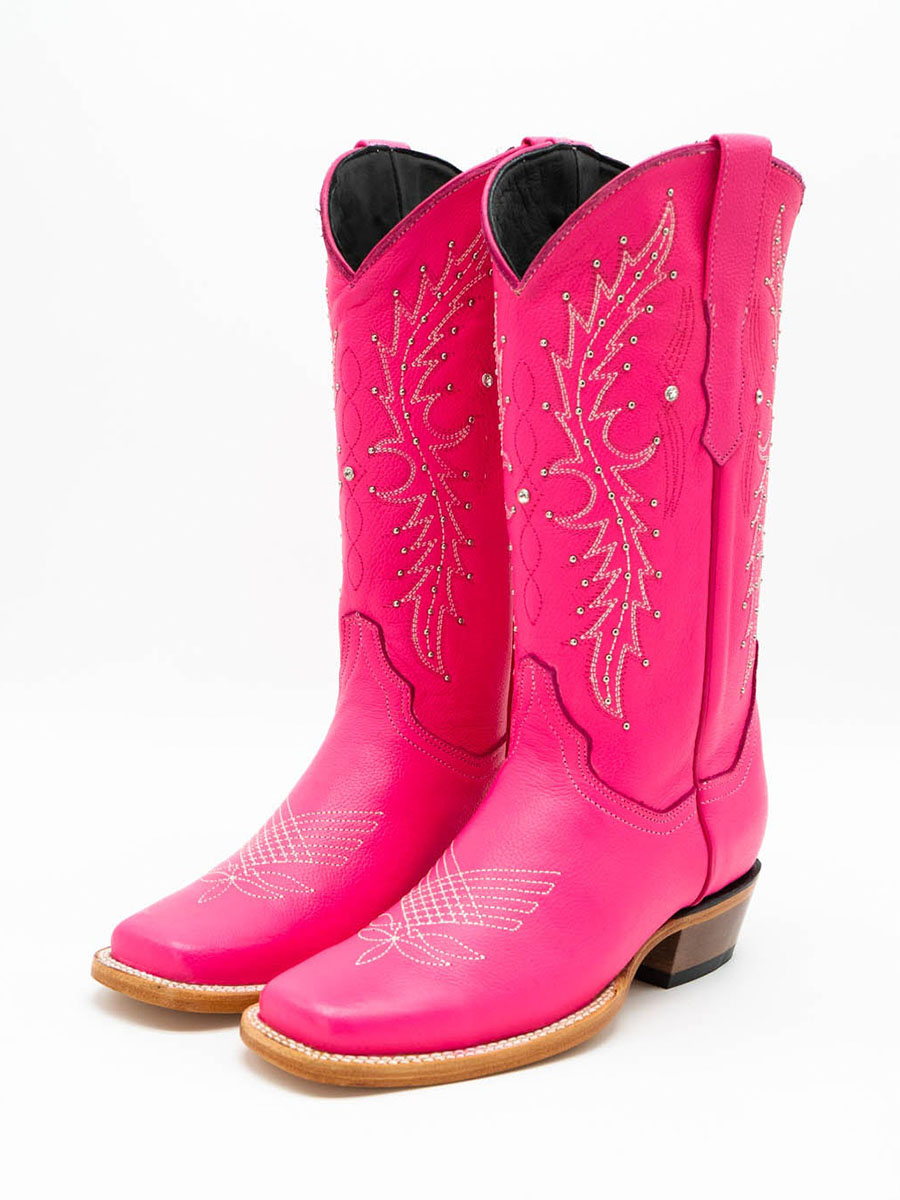 Pink Vegan Leather Sophisticated Square Toe Embroidered Rhinestone Embellished Cowgirl Boots
