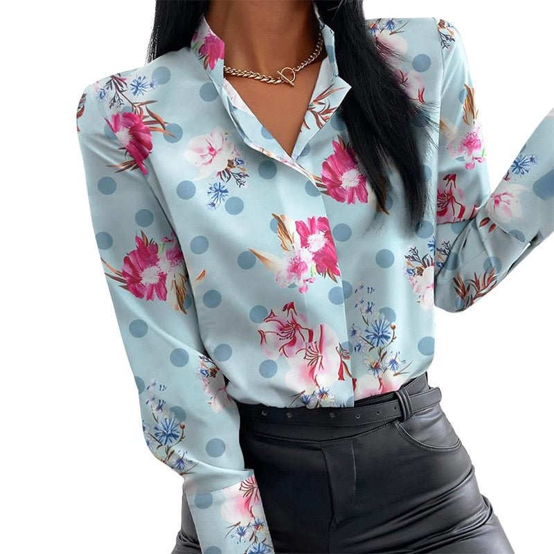 2021 Summer Floral Print Blouse Women Clothes Stand Collar Long Sleeve Office Lady Shirts Tops Female Casual Plus Size Blouses