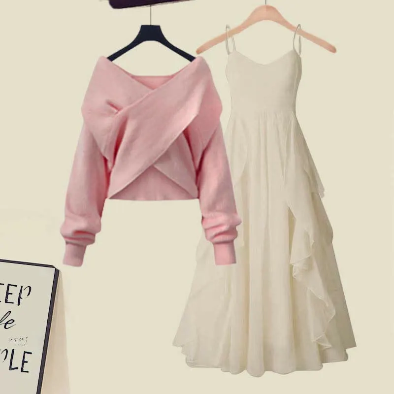 Cross Knit Sweater Flouncing A-line Slip Dress Two Pieces