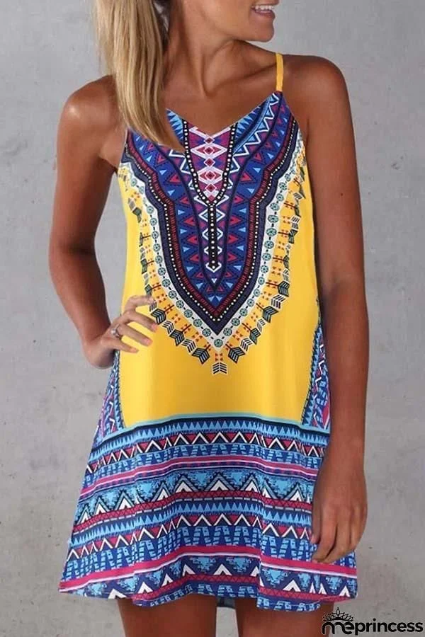 Sleeveless Tribal Print Spaghetti Strap Casual Wear Dress