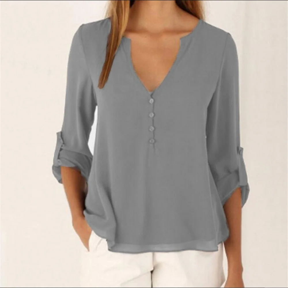 5XL Women V-Neck Summer Casual Long Sleeve Silm Shirt Blouse Camisa Femme Tops Party New 8 colors