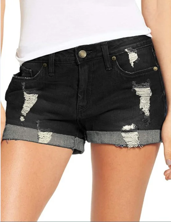 Toloer Elastic Holes Ripped Denim Shorts Woman-Outfit Ideas