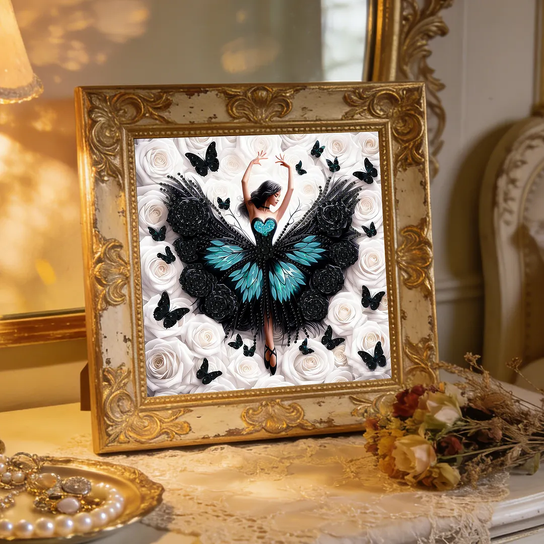 Diamond Painting - Partial Special Shaped Drill - Black Butterfly Girl(Canvas|30x30cm)