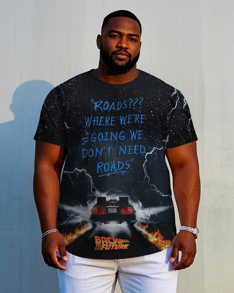 Men's Plus Size "Where We Go No Road" Printed Short Sleeve T-Shirt
