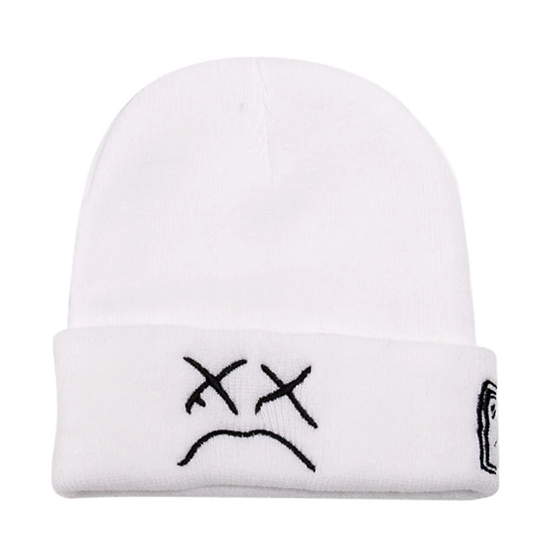 Embroidered Knitted Hat With Sad Face Expression