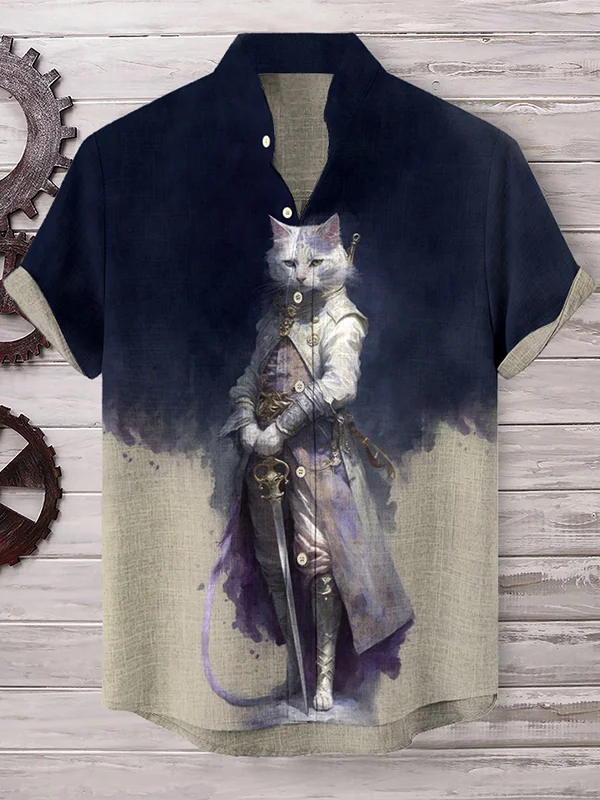 Men's Color Block Handsome Cat General Officer Print Shirt
