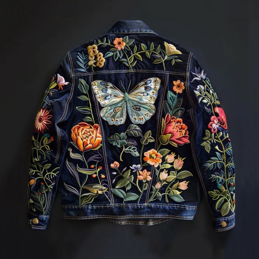 Women's Jungle Flower Butterfly Embroidered Print Denim Jacket