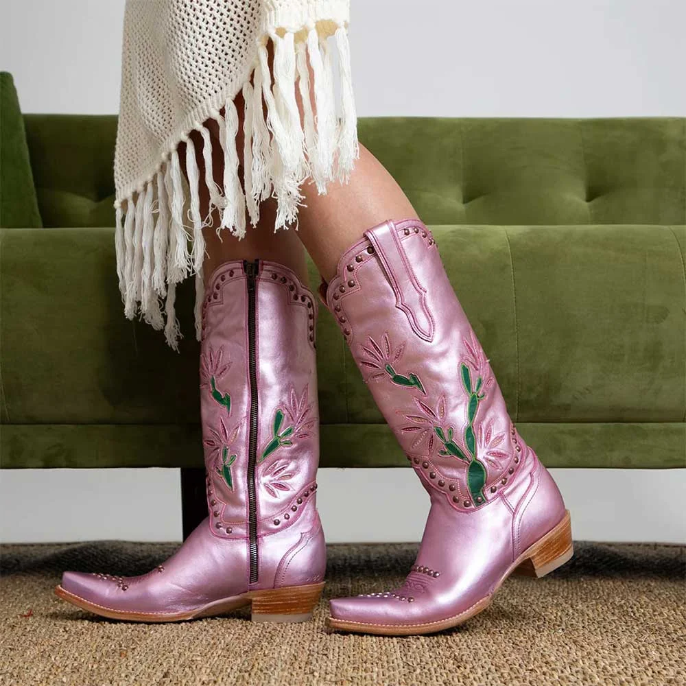 Women's Cactus Inlay Studded Snip Toe Metallic Pink Cowgirl Boots