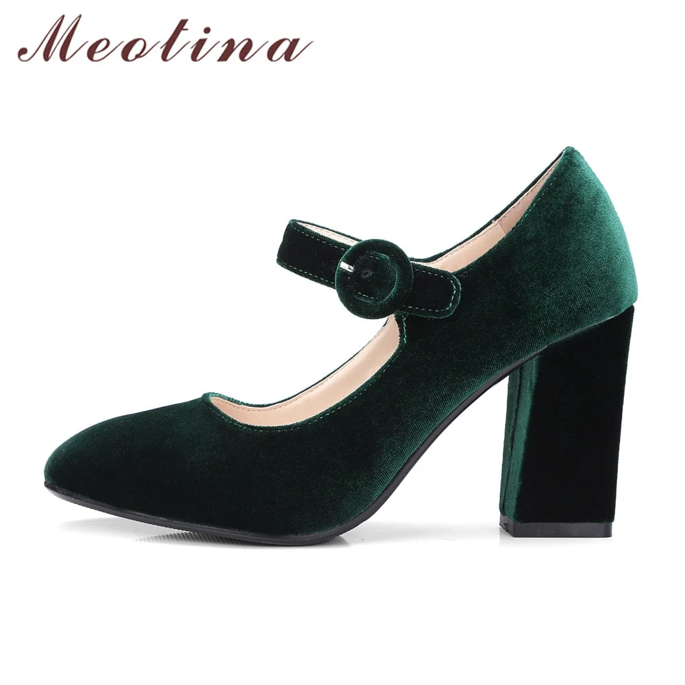Meotina Velvet Shoes Women Pumps High Heels Ladies Mary Jane Shoes Buckle Black Thick Heels 2019 Fashion Footwear Big Size 34-43