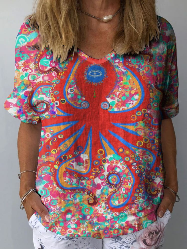 Womens Colorful Octopus Pattern Print Cotton And Linen Top
