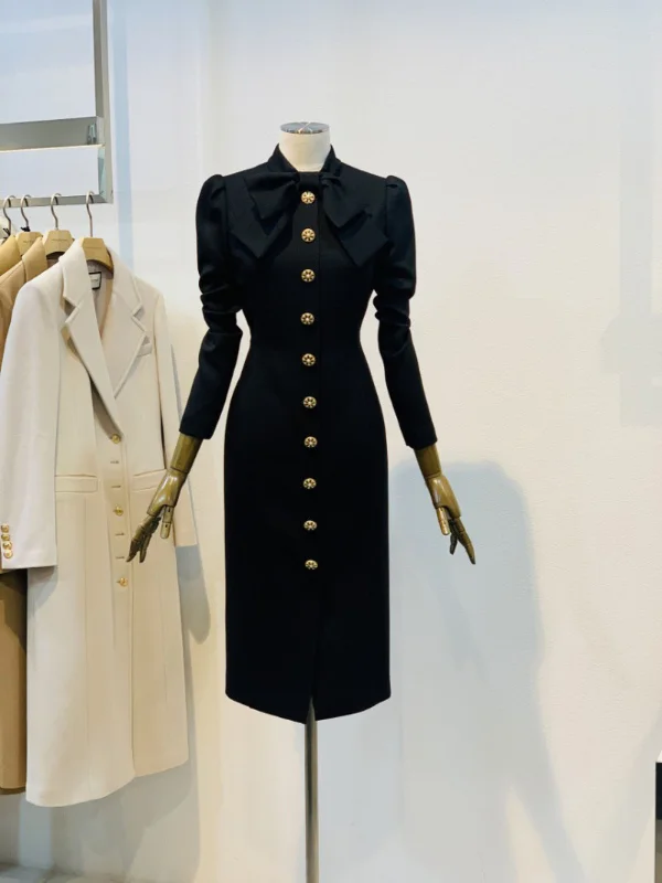 Elegant Buttoned Bow Decoration A-line Dress