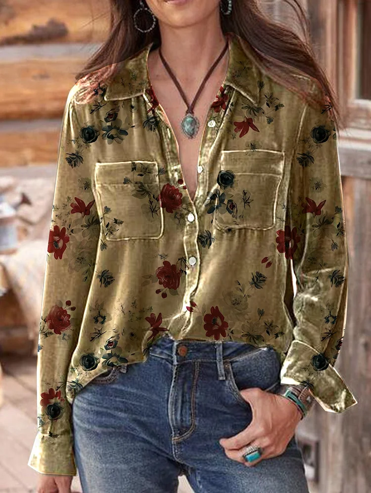 UR Lapel Collar Dual Pocket Floral Shirt
