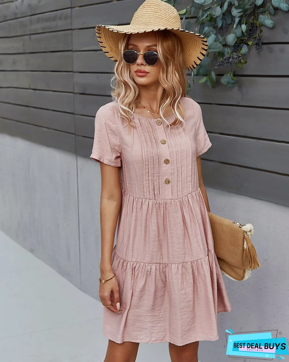 Women's Solid Color Dress Spring and Summer Short Sleeve Cotton Skirt