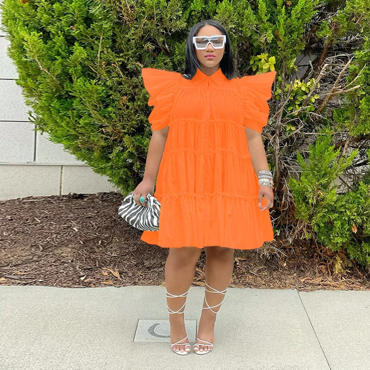 Uveng Dress High Waist Retro Pleated Puff Sleeve Loose Women's Shirt