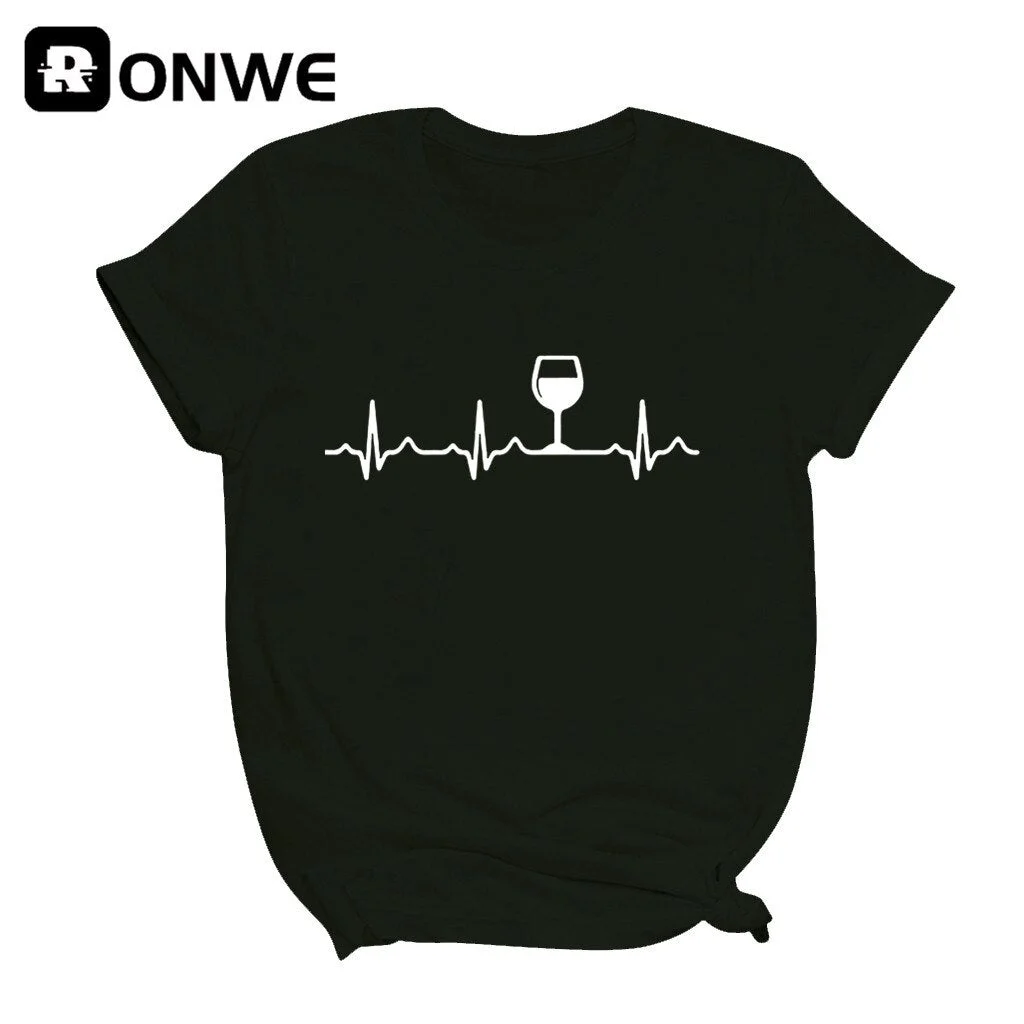 Wine Heartbeat Printed Short Sleeve Black Women T-shirt Girl Vintage Tops Tee Female Harajuku Clothing Streetwear,Drop Ship