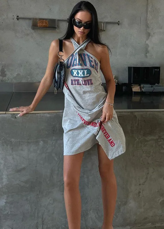 Casual Grey Graphic Hanging Neck Irregular Dress