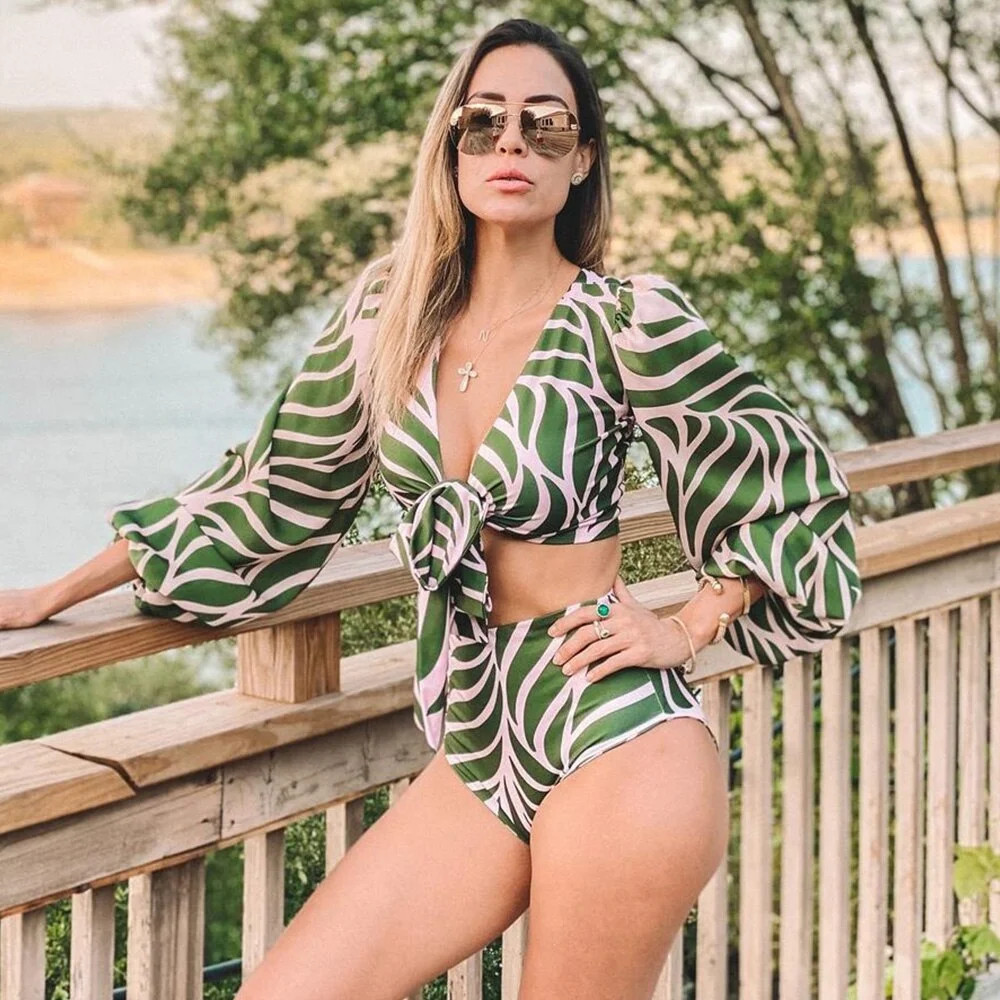 High Waist Bikini 2021 New Long Sleeve Sleeve Swimsuit Off-Shoulder Swimwear Women Bubble Sleeve Bikinis Sexy Mesh Beach Wear