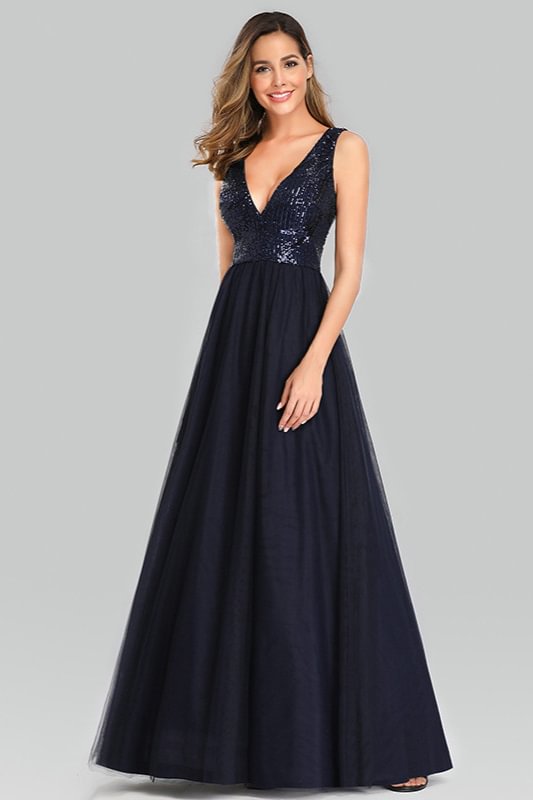 Gorgeous Navy Sequins Prom Dress V-Neck Sleeveless Tulle Evening Gowns