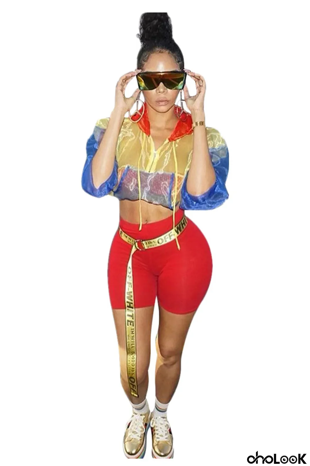 Red Polyester Long Sleeve Mid Patchwork pencil shorts Two-piece suit