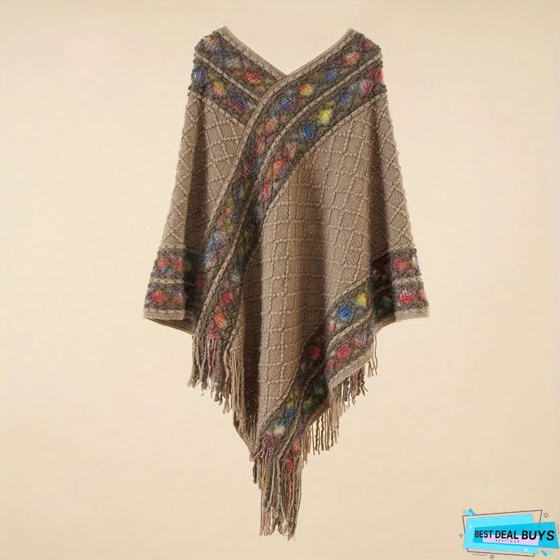 Pullover Woven Shawl Large Warm Fringed Shawl Wrap Windproof Shawl Cape For Casual Outdoor