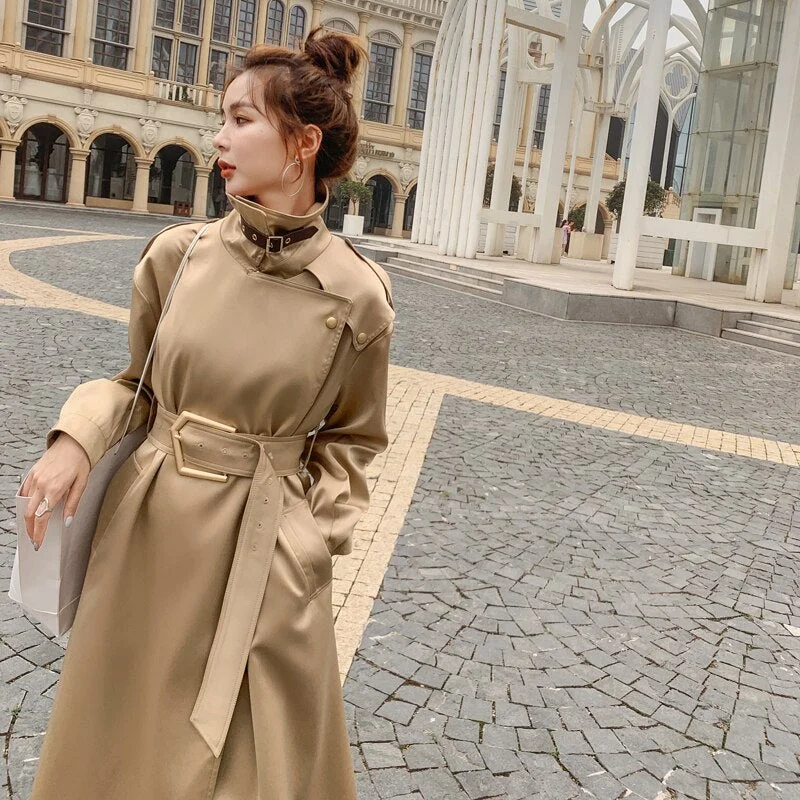 Brand New European Style Elegant Long Women Trench Coat with Belt Lady Duster Coat Female Outerwear Spring Autumn